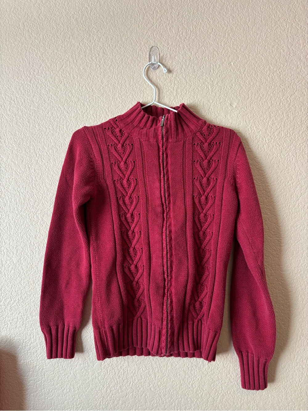 Jaclyn Smith Raspberry Cable-Knit Full-Zip Turtleneck Sweater